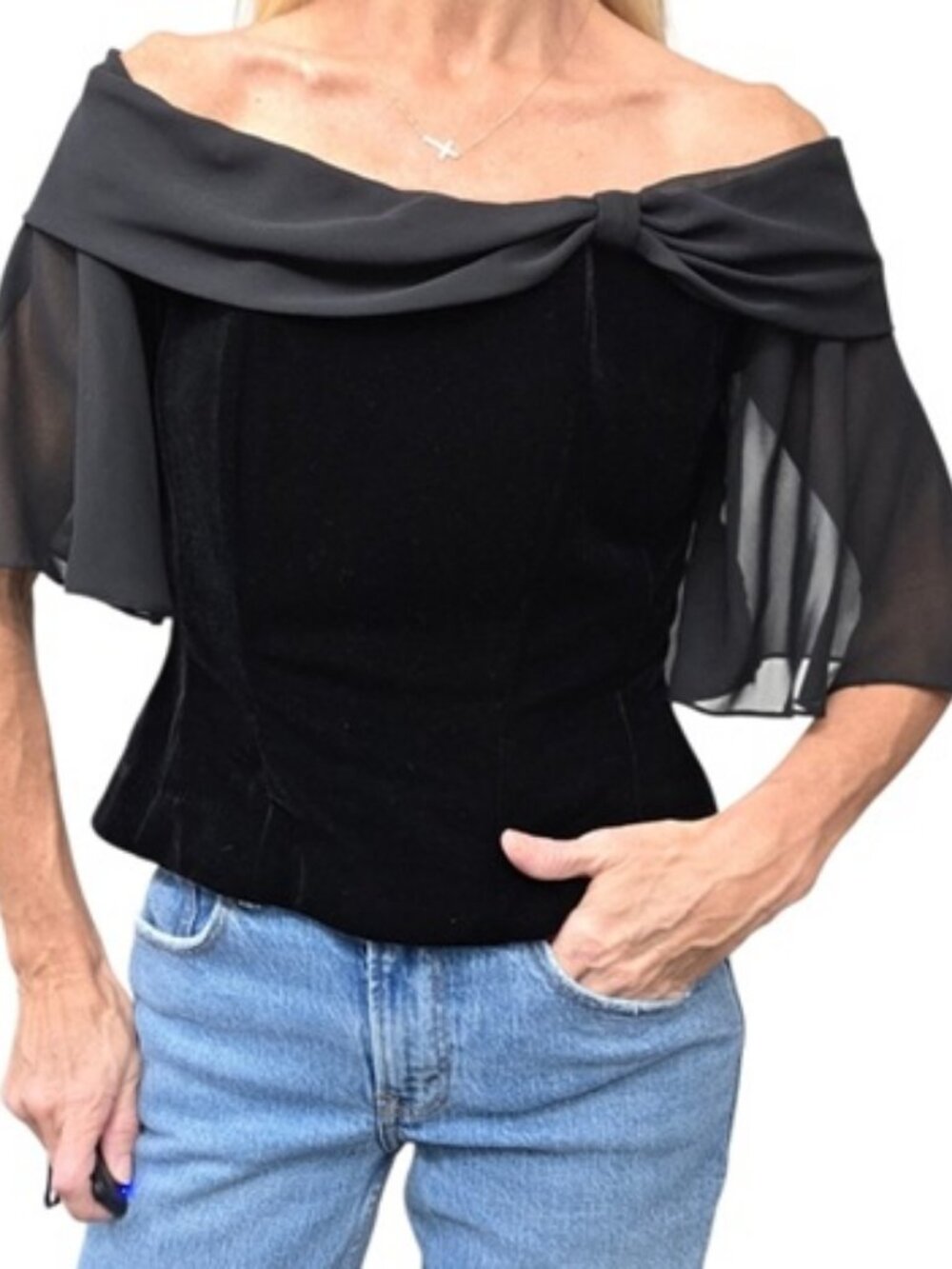 Vintage Alex Evenings Velvet Off Shoulder Formal Top Black Y2K Size M